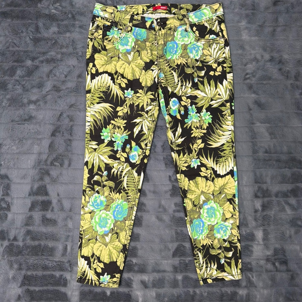 Bongo Womens Tropical Floral Print Skinny Jeans Green Blue Black Stretch Size 9